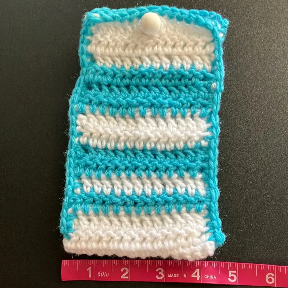 Handmade Crochet Cell Phone Holder Pouch Eyeglass Case Blue White Striped Yarn